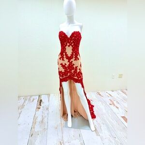 Sherri Hill 21016 Red Nude Lace Appliqué High Low Sweep Train Strapless Gown